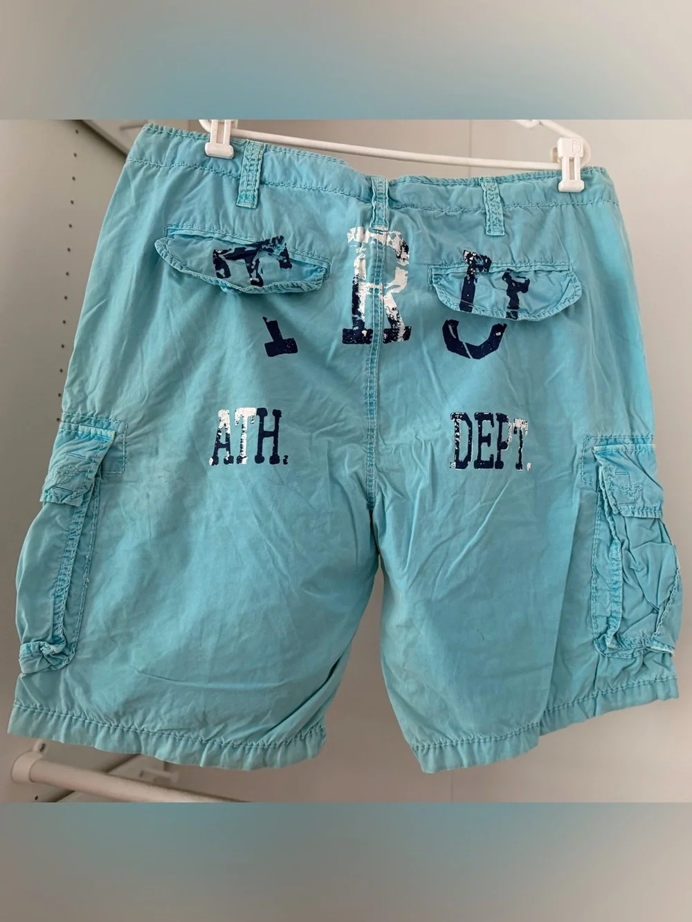 True Religion Turquoise Cargo Shorts with Graphic Accents